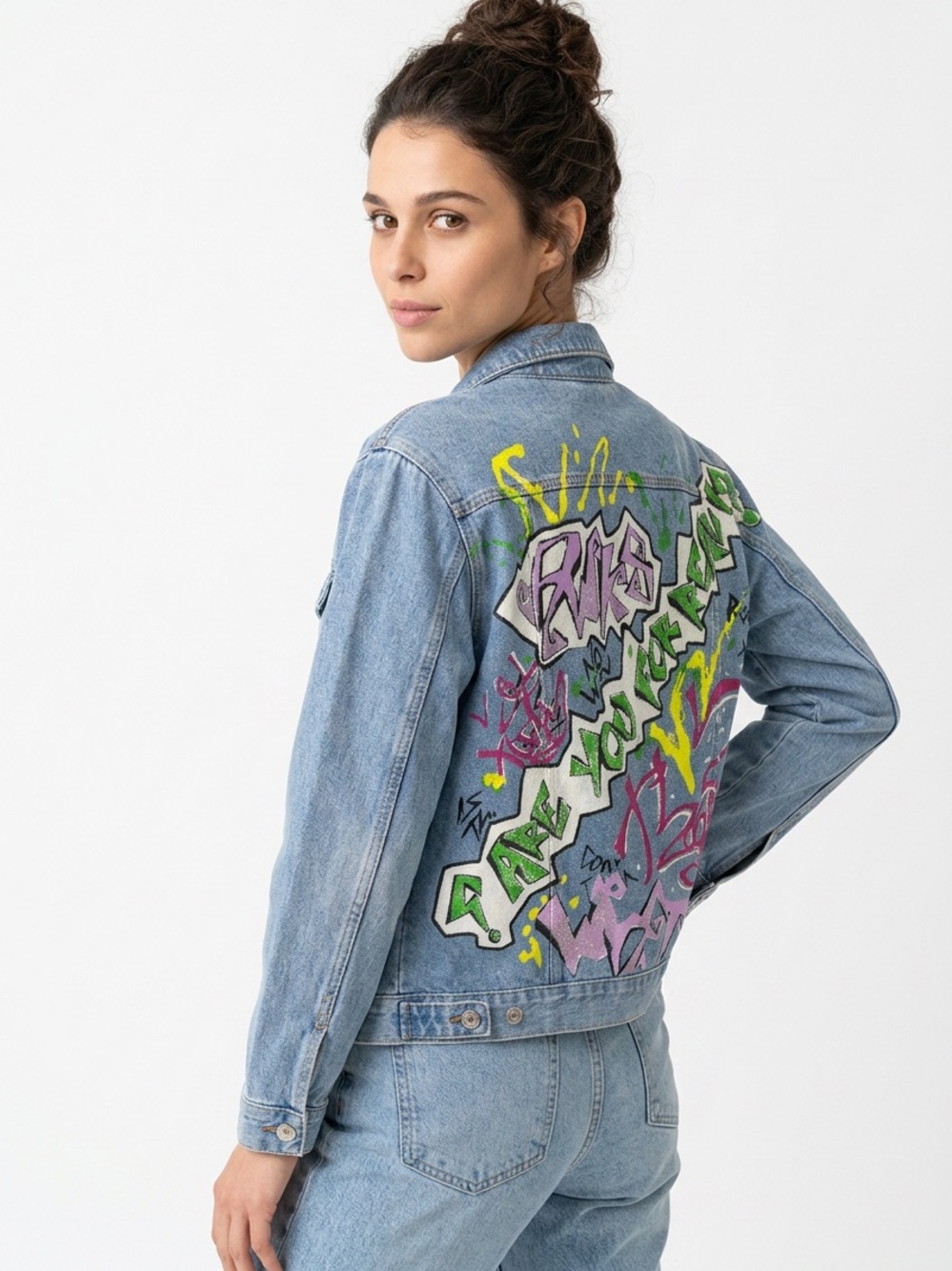 TOPSHOP | Stylish Moto Light Blue Denim Jacket with Graffiti Back Women’s Size 8